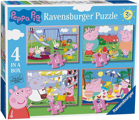 Box, turned right: Peppa Pig 4 in a Box – 12, 16, 20, 24 Piece Jigsaw Puzzles (Ravensburger)