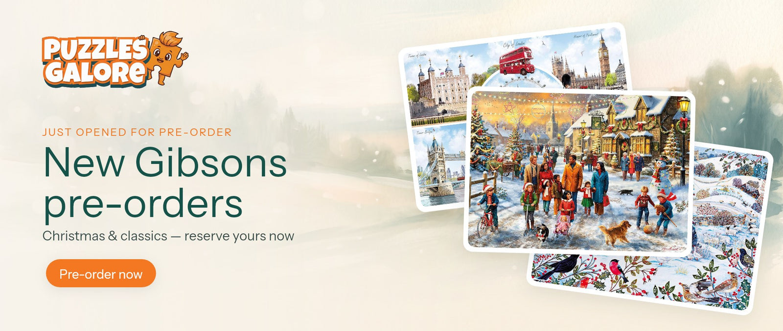 New Gibsons pre-orders at Puzzles Galore — the 2026 Christmas range and classic British scenes