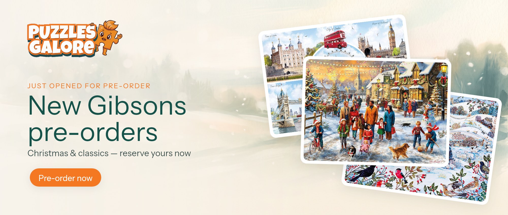 New Gibsons pre-orders at Puzzles Galore — the 2026 Christmas range and classic British scenes