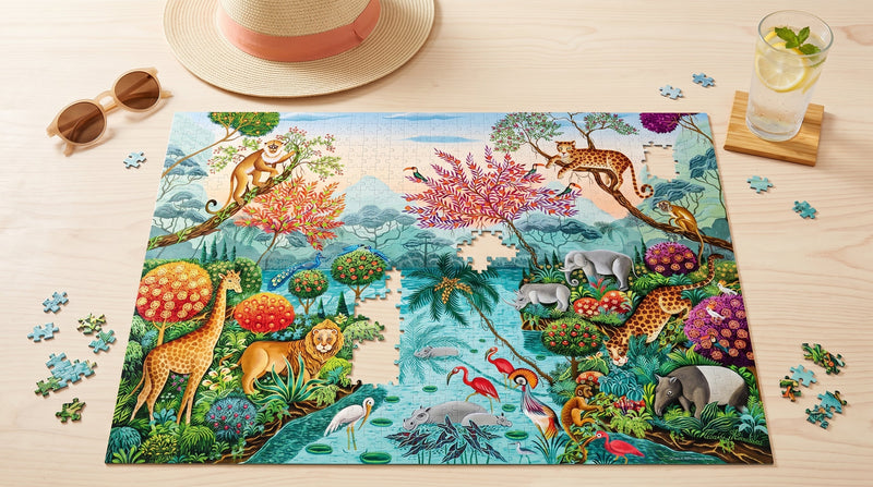 A colourful jigsaw half-finished on a sunny table with sunglasses, a sun hat and an iced drink
