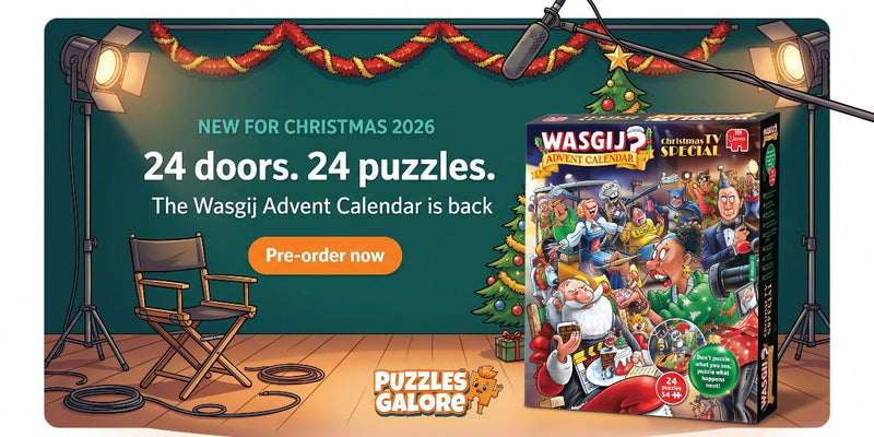 The Wasgij Advent Calendar 2026, Christmas TV Special, standing on a festive television studio set