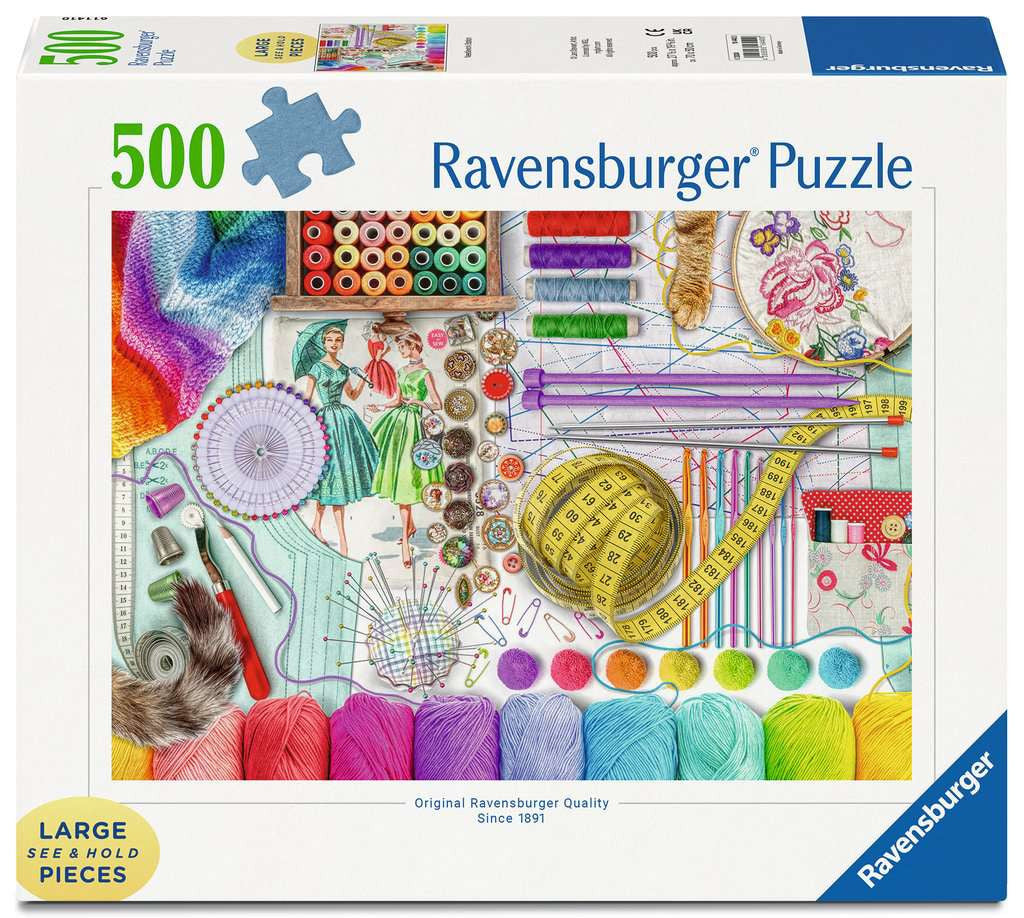 Box, straight on: Needlework Station – 500 XL Piece Jigsaw Puzzle (Ravensburger)