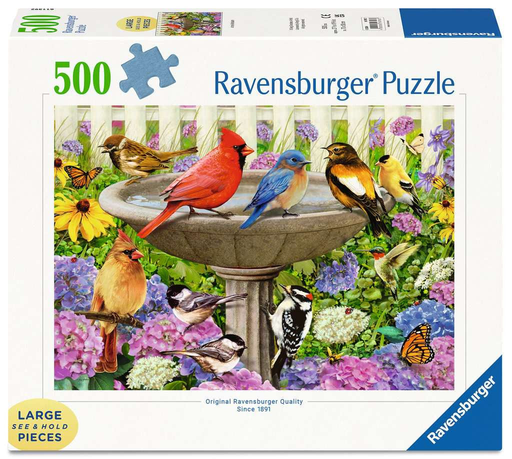 Box, straight on: At the Birdbath – 500 XL Piece Jigsaw Puzzle (Ravensburger)
