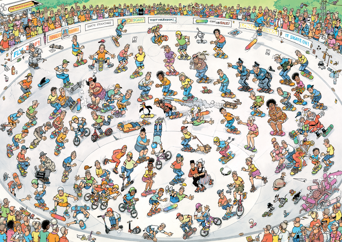 Artwork: Riding the Skate Bowl by Jan Van Haasteren – 1000 Piece Jigsaw Puzzle (Jan van Haasteren)