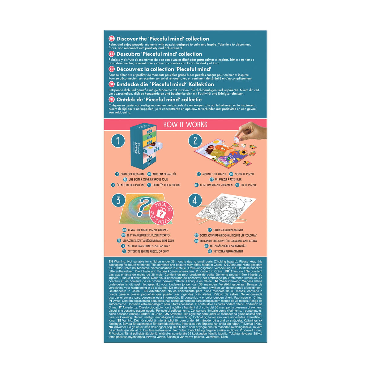 Box back: Pieceful Mind: Take a Moment - 6-in-1 Mindfulness Jigsaw Puzzle Set (Jumbo)