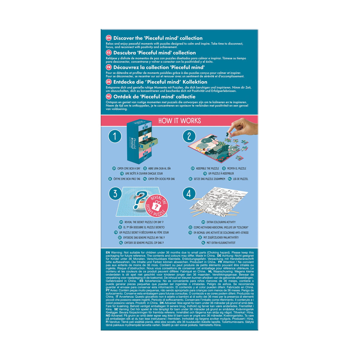 Box back: Pieceful Mind: A Piece of Nature - 6-in-1 Mindfulness Jigsaw Puzzle Set (Jumbo)