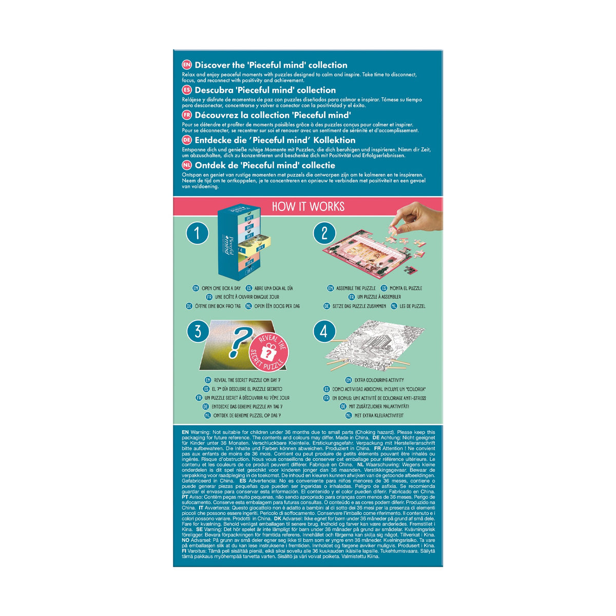 Box back: Pieceful Mind: Take Time for You - 6-in-1 Mindfulness Jigsaw Puzzle Set (Jumbo)