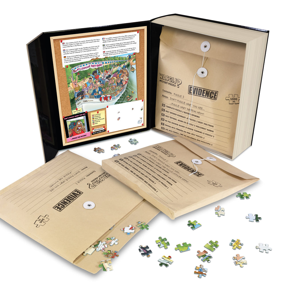 Inside the box: the three puzzles in kraft Evidence envelopes with Inspector Wasgij case notes and the solution pinned in the lid