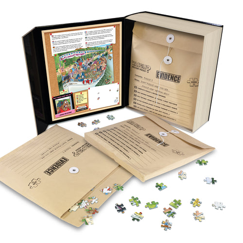 Inside the box: the three puzzles in kraft Evidence envelopes with Inspector Wasgij case notes and the solution pinned in the lid
