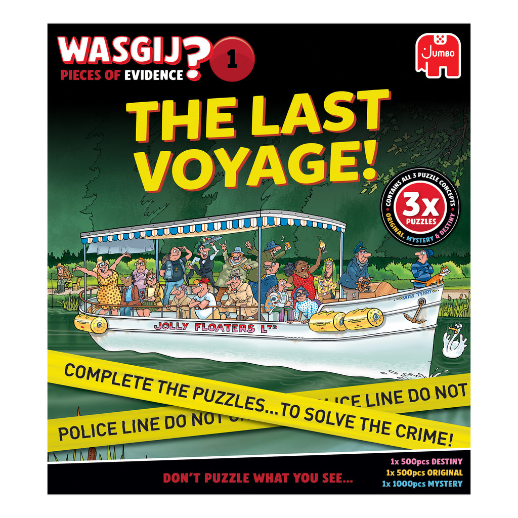 Wasgij Pieces of Evidence 1: The Last Voyage jigsaw box front - the Jolly Floaters Ltd river cruiser behind police tape