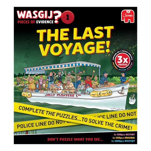 Wasgij Pieces of Evidence 1: The Last Voyage jigsaw box front - the Jolly Floaters Ltd river cruiser behind police tape