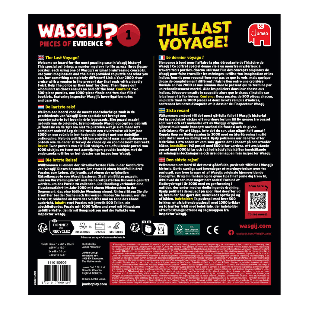 Box back: Wasgij Pieces of Evidence 1: The Last Voyage! - 2x500 & 1x1000 Piece Jigsaw Puzzle Set (Jumbo)