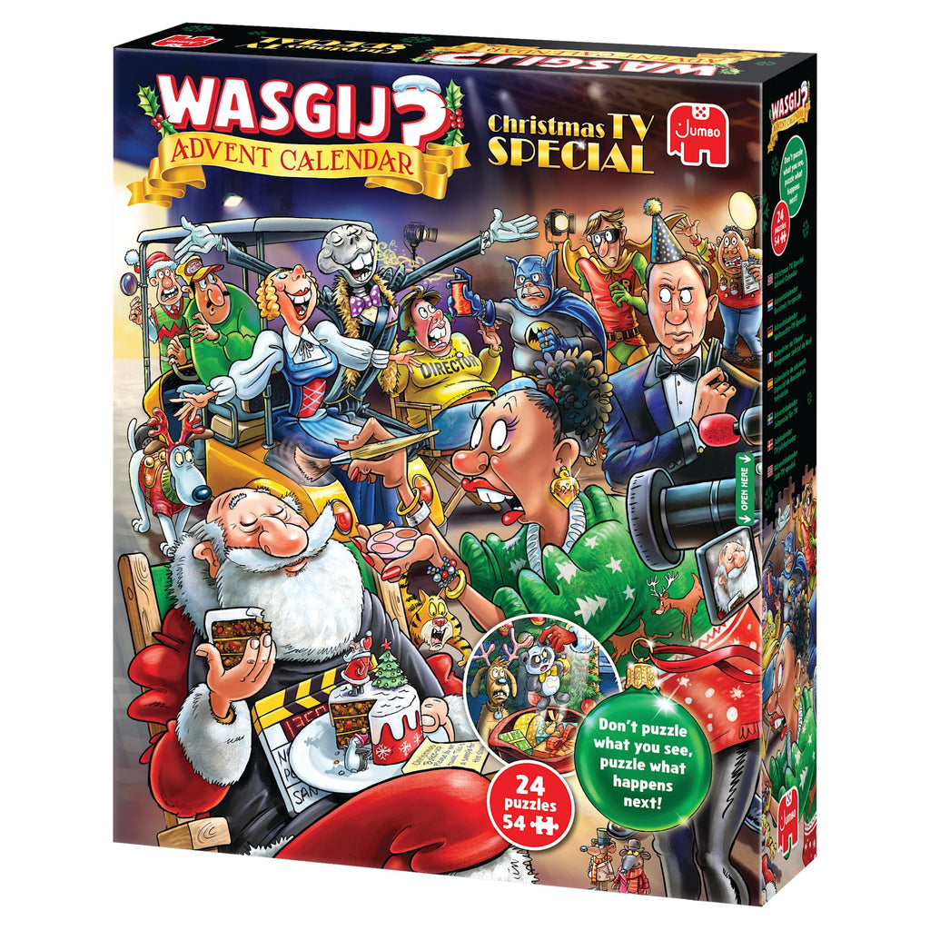 Box, turned left: Wasgij Advent Calendar 2026: Christmas TV Special – 24 x 54 Piece Jigsaw Puzzles (Wasgij)