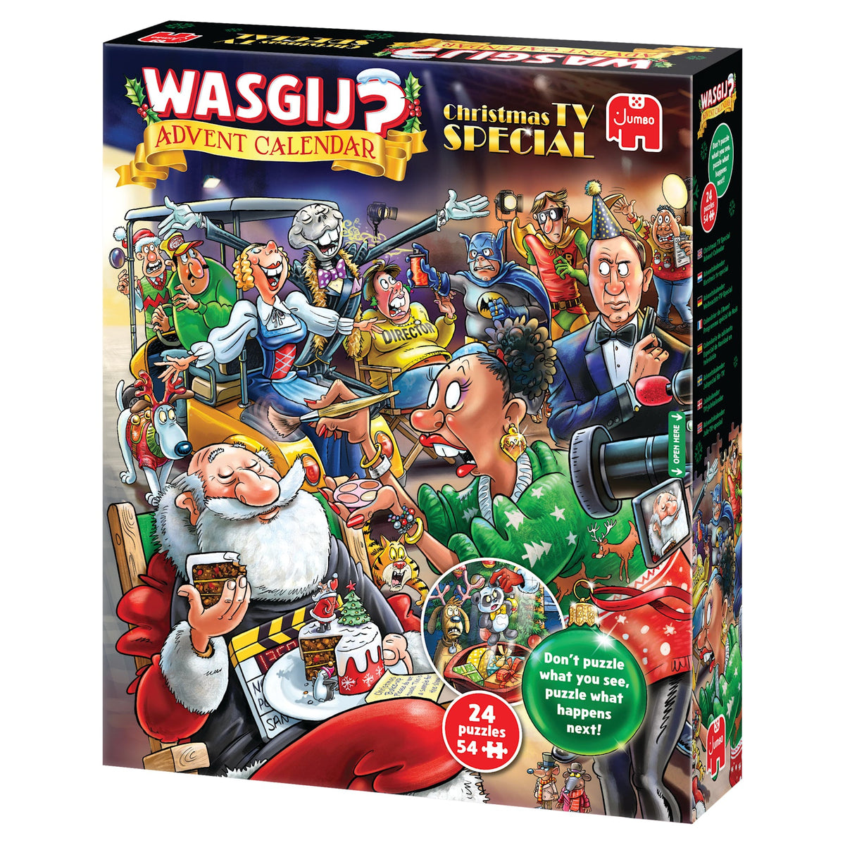 Box, turned left: Wasgij Advent Calendar 2026: Christmas TV Special – 24 x 54 Piece Jigsaw Puzzles (Wasgij)