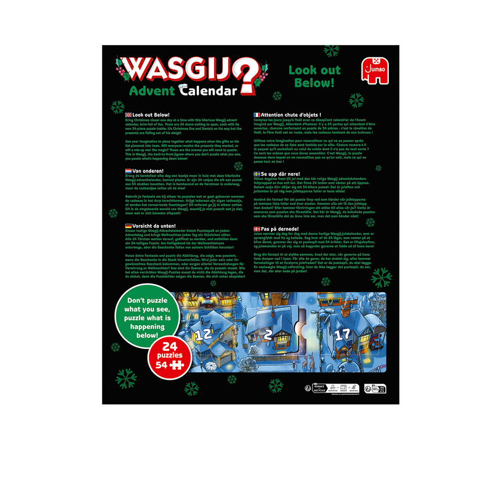 Box back: Wasgij Advent Calendar: Look out Below! – 24 x 54 Piece Jigsaw Puzzles (Wasgij)