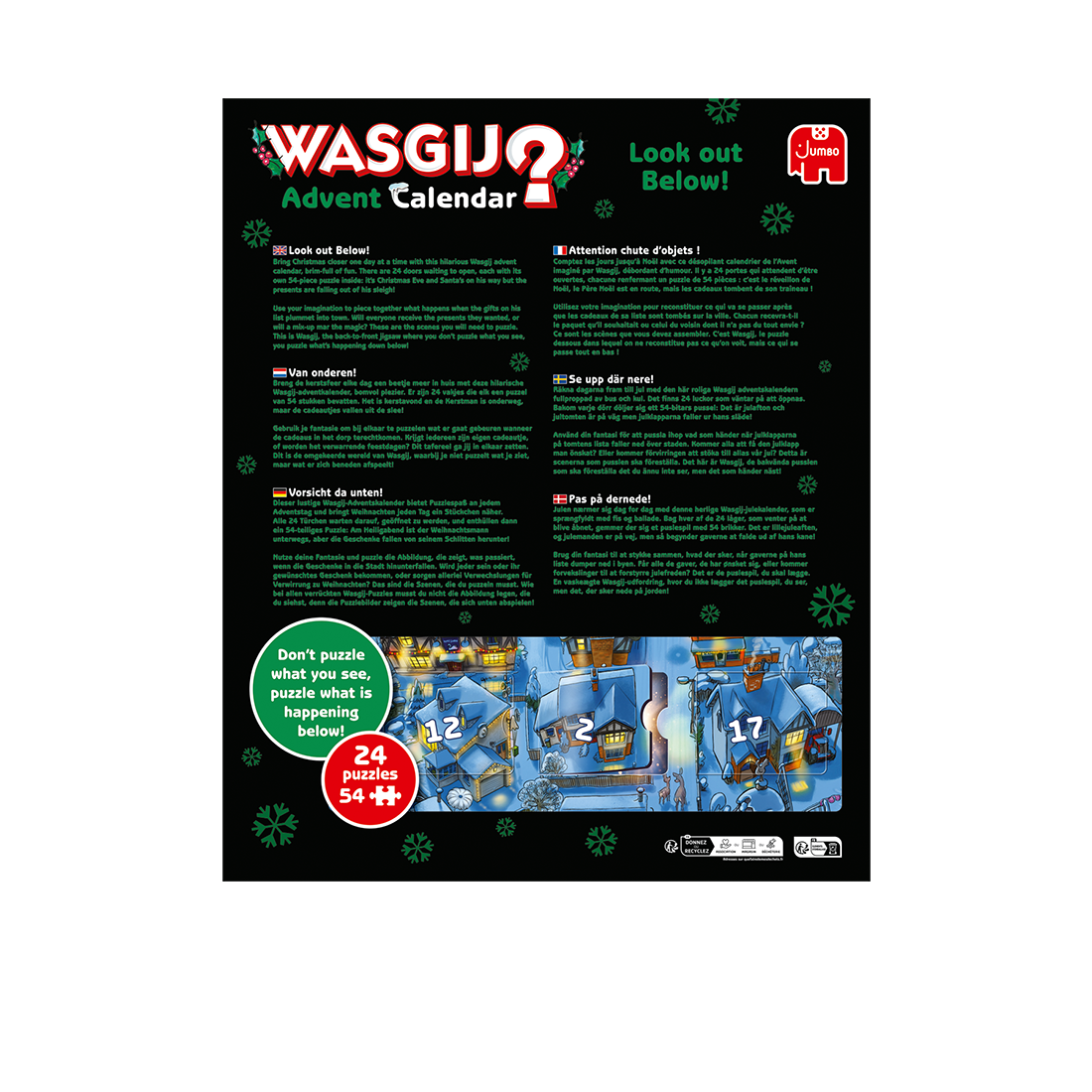 Box back: Wasgij Advent Calendar: Look out Below! – 24 x 54 Piece Jigsaw Puzzles (Wasgij)