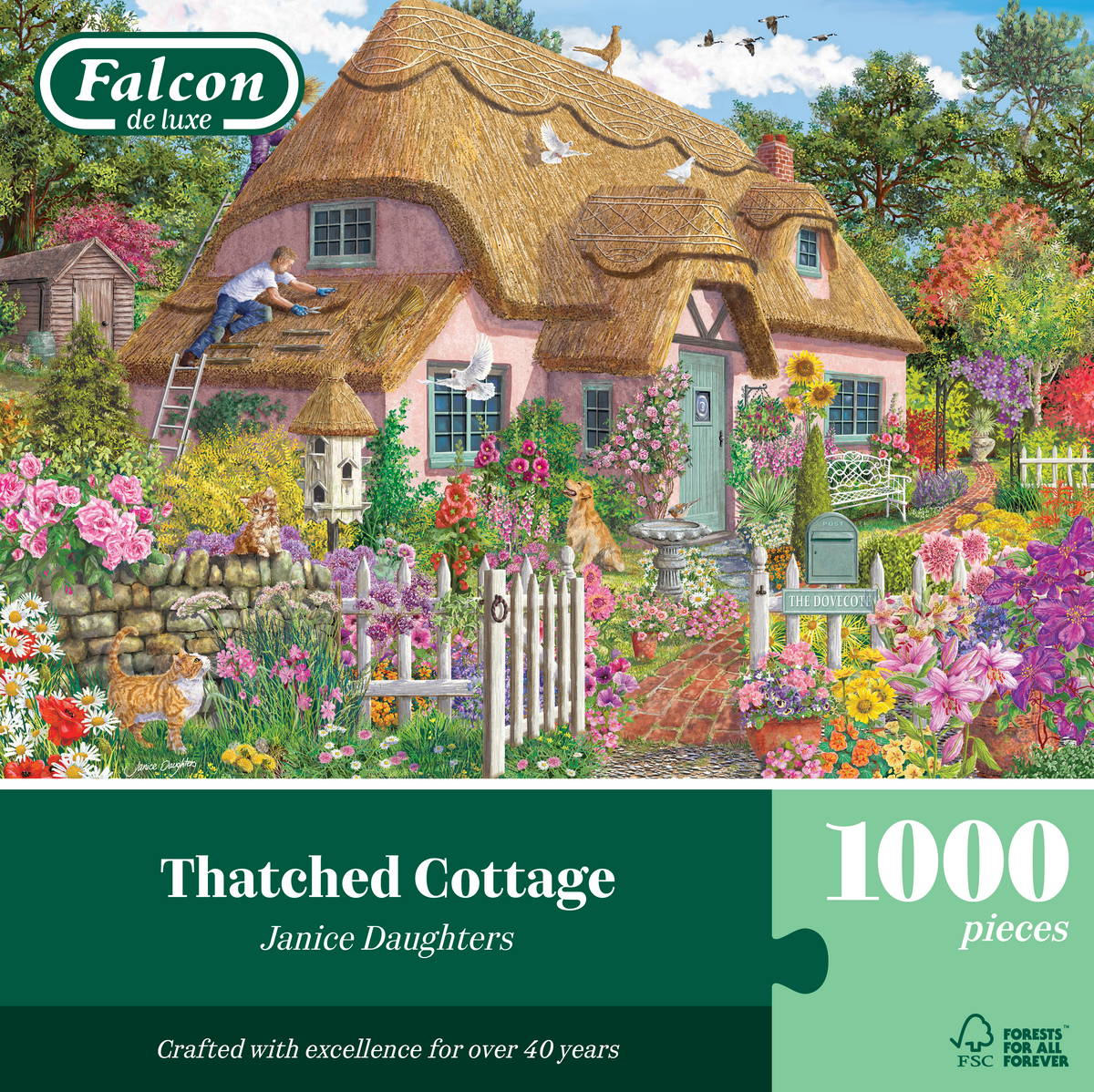 Box, straight on: Thatched Cottage – 1000 Piece Jigsaw Puzzle (Falcon)