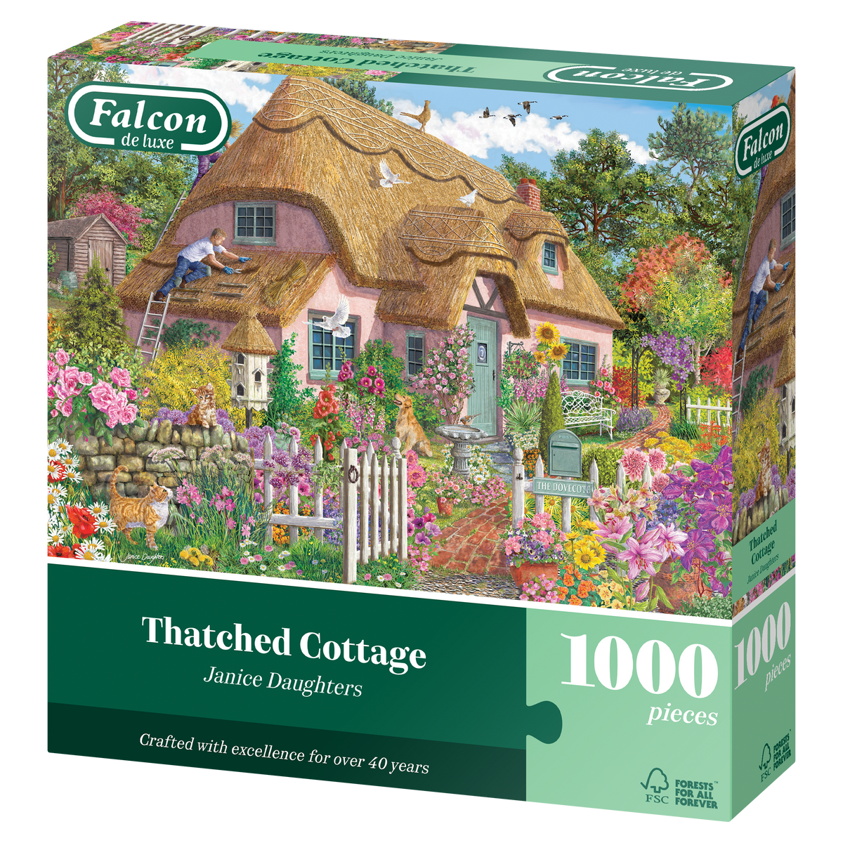 Box, turned left: Thatched Cottage – 1000 Piece Jigsaw Puzzle (Falcon)