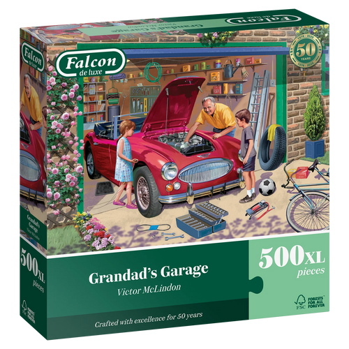 Grandad’s Garage by Victor McLindon - 500 XL Piece Jigsaw Puzzle (Falcon de luxe) - Completed Puzzle
