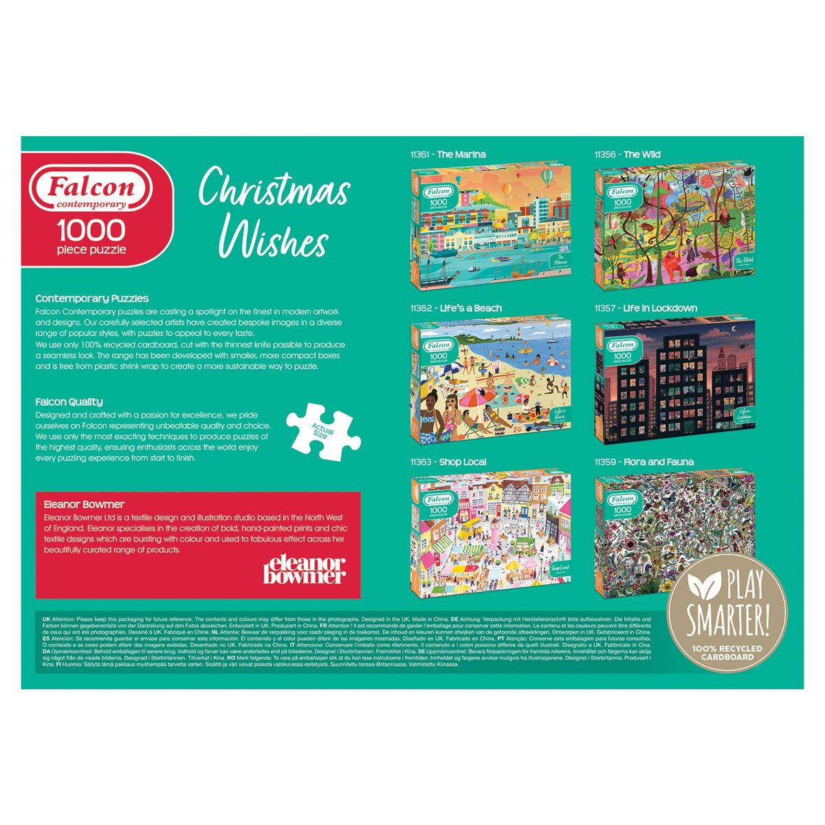 Box back: Christmas Wishes – 1000 Piece Jigsaw Puzzle (Falcon Contemporary)