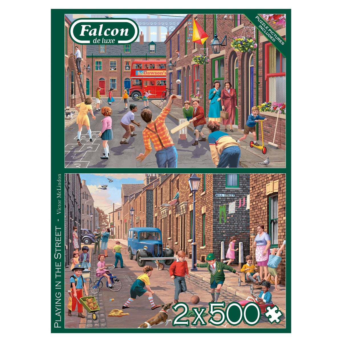 Box, straight on: Playing in the Street – 2 x 500 Piece Jigsaw Puzzle (Falcon de luxe)
