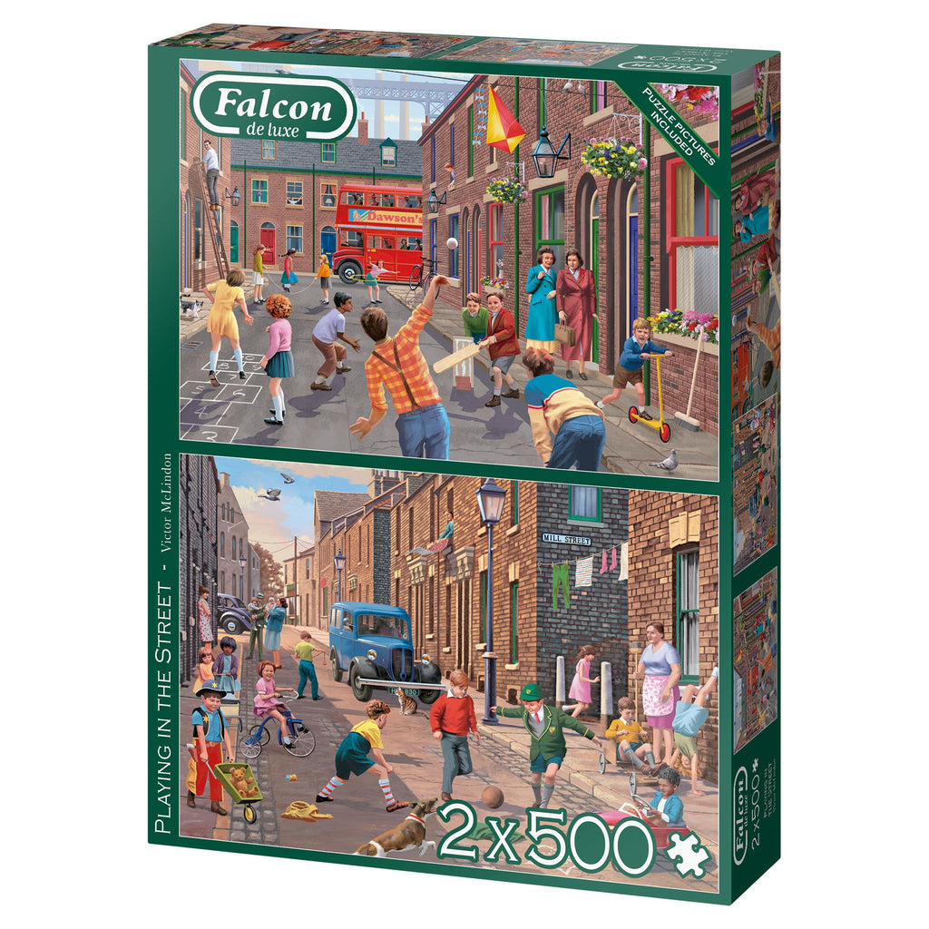 Box, turned left: Playing in the Street – 2 x 500 Piece Jigsaw Puzzle (Falcon de luxe)
