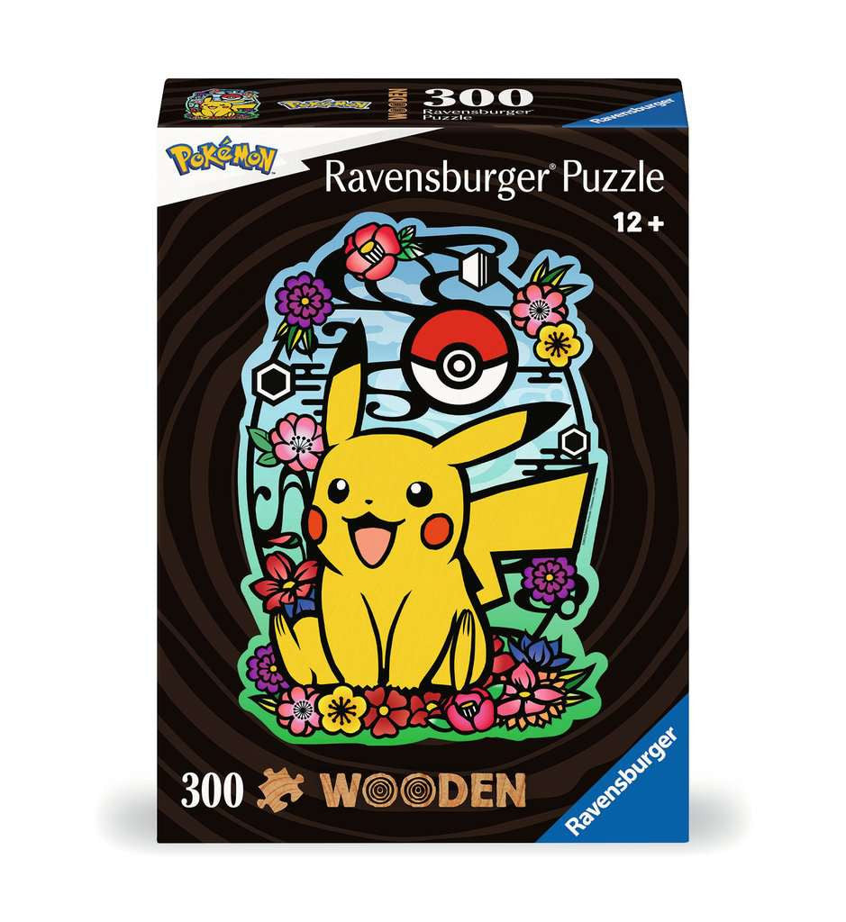 Box, straight on: Pokemon Pikachu – 300 Piece Wooden Jigsaw Puzzle (Ravensburger)