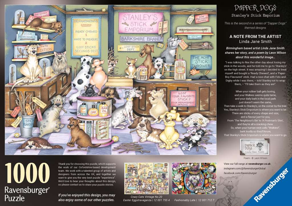 ** Pre-Order ** Dapper Dogs No 2: Stanley’s Stick Emporium by Linda Jane Smith - 1000 Piece Jigsaw Puzzle (Ravensburger)
