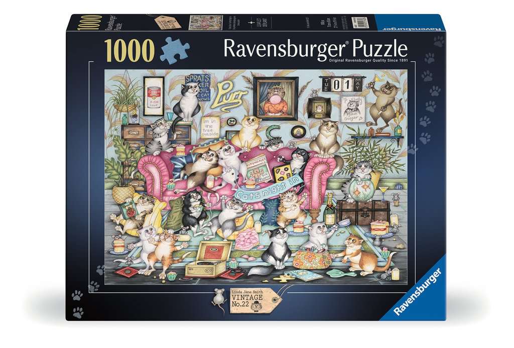 Box, straight on: Crazy Cats: Purrfect Night In – 1000 Piece Jigsaw Puzzle (Ravensburger)