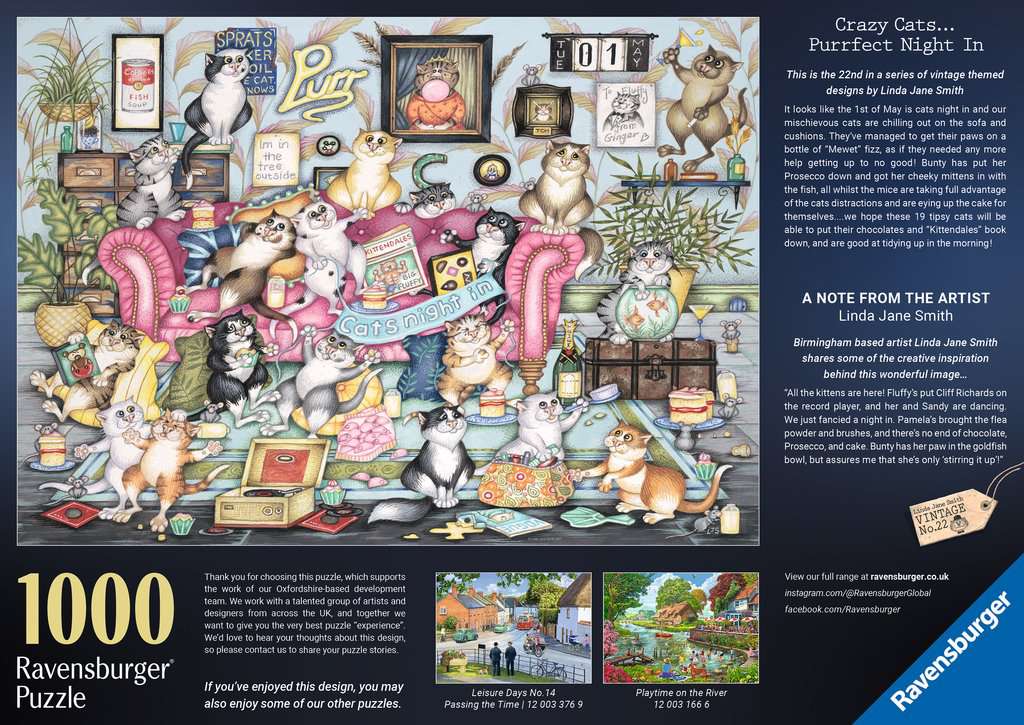 Box back: Crazy Cats: Purrfect Night In – 1000 Piece Jigsaw Puzzle (Ravensburger)