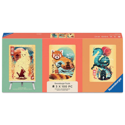 ** Pre-Order ** Ukiyo-E Cat Warrior, Red Panda & Dragon - 3 x 100 Piece Mini Jigsaw Puzzle Set with Easel (Ravensburger)