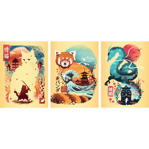 Artwork: Ukiyo-E Cat Warrior, Red Panda & Dragon - 3 x 100 Piece Mini Jigsaw Puzzle Set with Easel (Ravensburger)