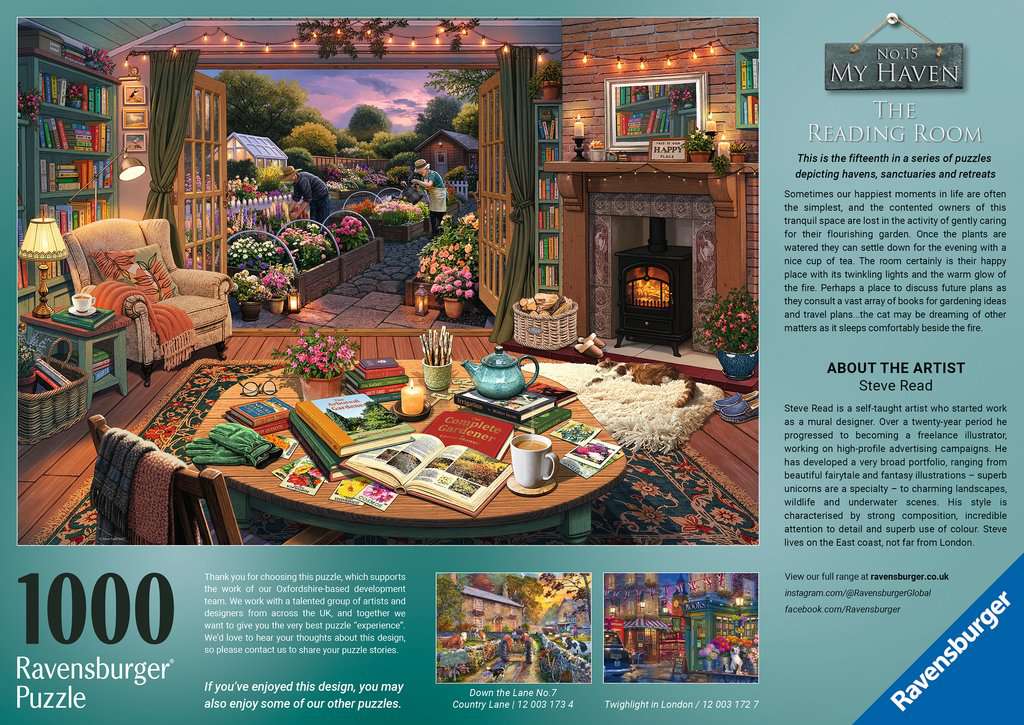 Box back: My Haven No.15, The Reading Room – 1000 Piece Jigsaw Puzzle (Ravensburger)