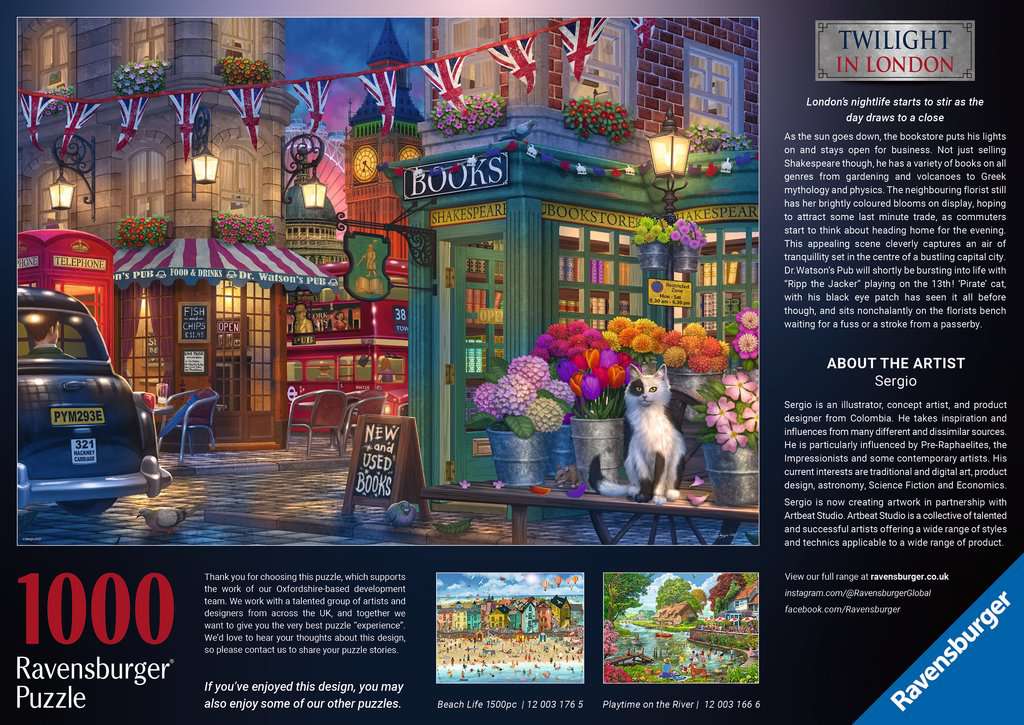 Box back: Twilight in London – 1000 Piece Jigsaw Puzzle (Ravensburger)