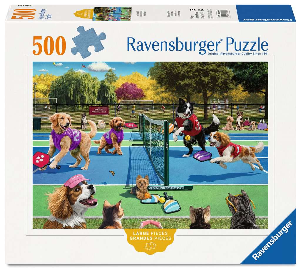 Box, straight on: Pooch Pickleball – 500 XL Piece Jigsaw Puzzle (Ravensburger)