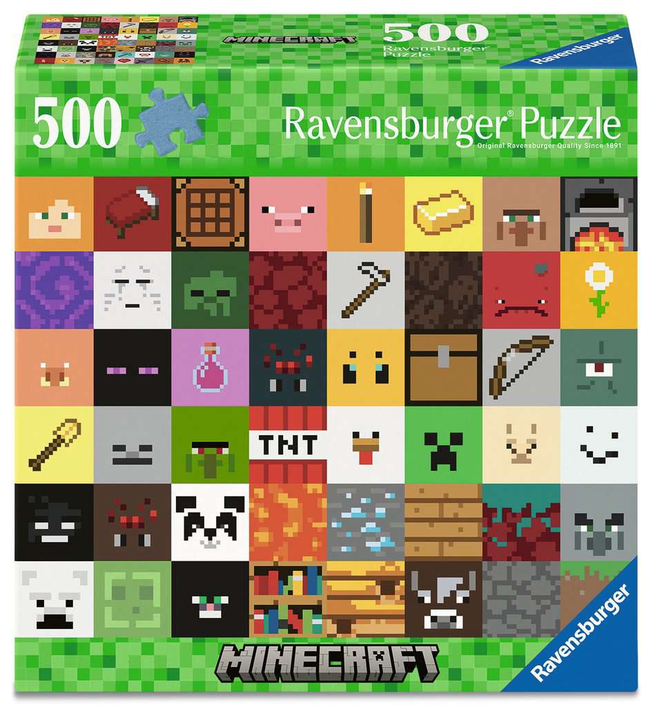 Box, straight on: Minecraft: Mobs and Blocks – 500 Piece Jigsaw Puzzle (Ravensburger)