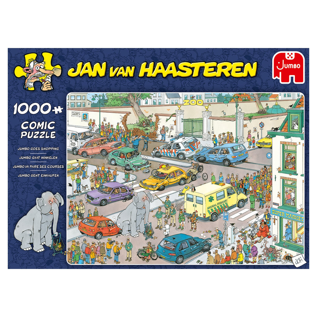 Box, straight on: Jumbo Goes Shopping by Jan Van Haasteren – 1000 Piece Jigsaw Puzzle (Jumbo)