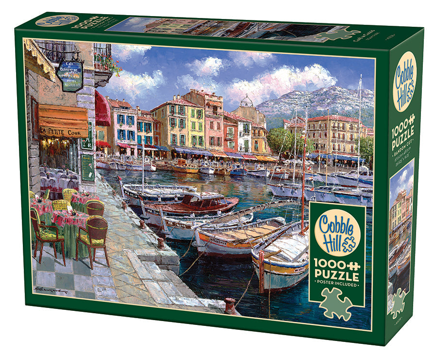 Box, turned left: Cafe in Cassis - 1000 Piece Cobble Hill Jigsaw Puzzle (with Poster)