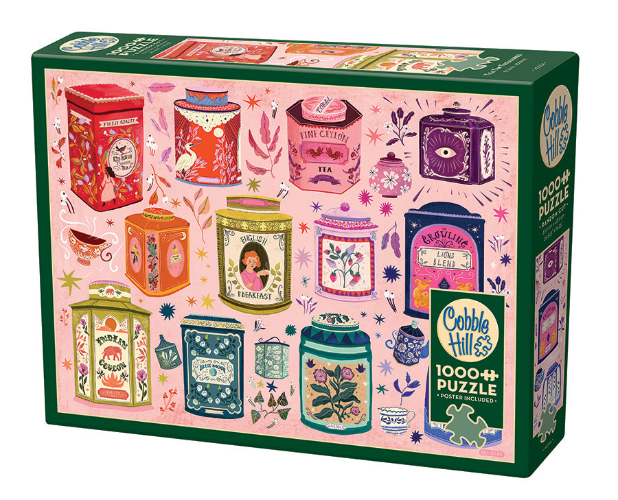 Box, turned left: Tea Tin Treasures – 1000 Piece Jigsaw Puzzle (Cobble Hill)