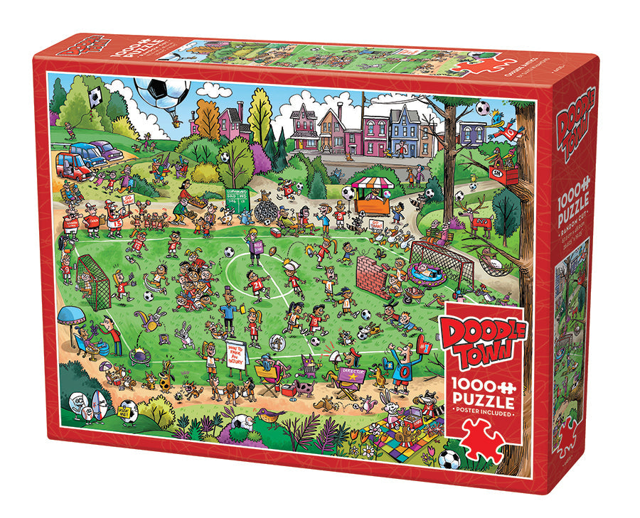 Box, turned left: Doodle Town: Offside Antics – 1000 Piece Jigsaw Puzzle (Cobble Hill)