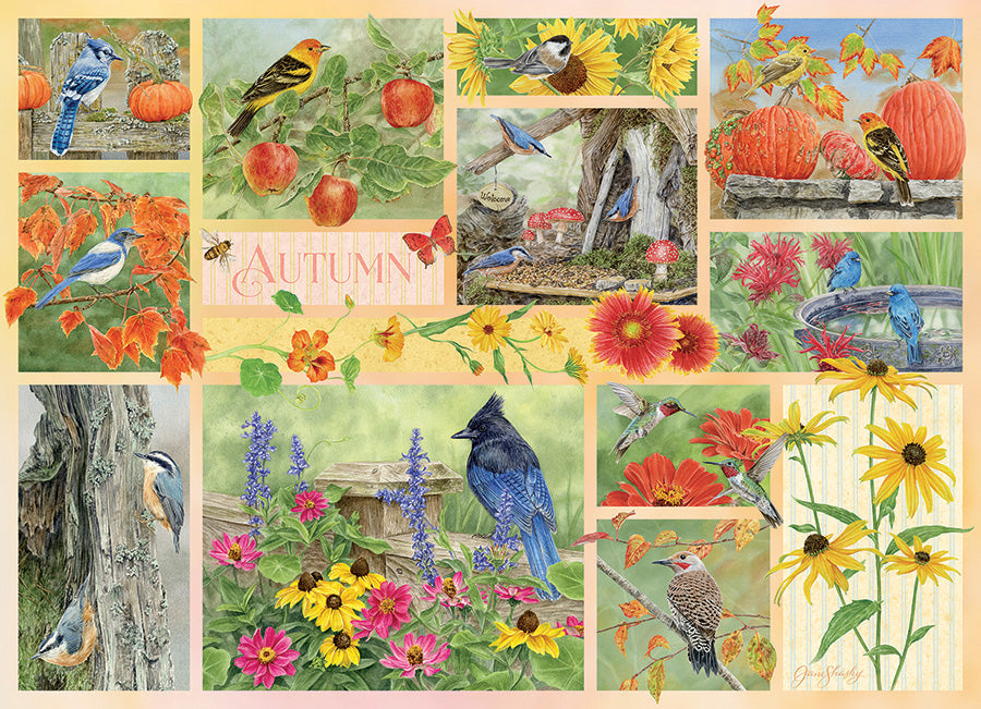 Artwork: Garden Birds in Autumn – 500 Piece Jigsaw Puzzle (Cobble Hill)