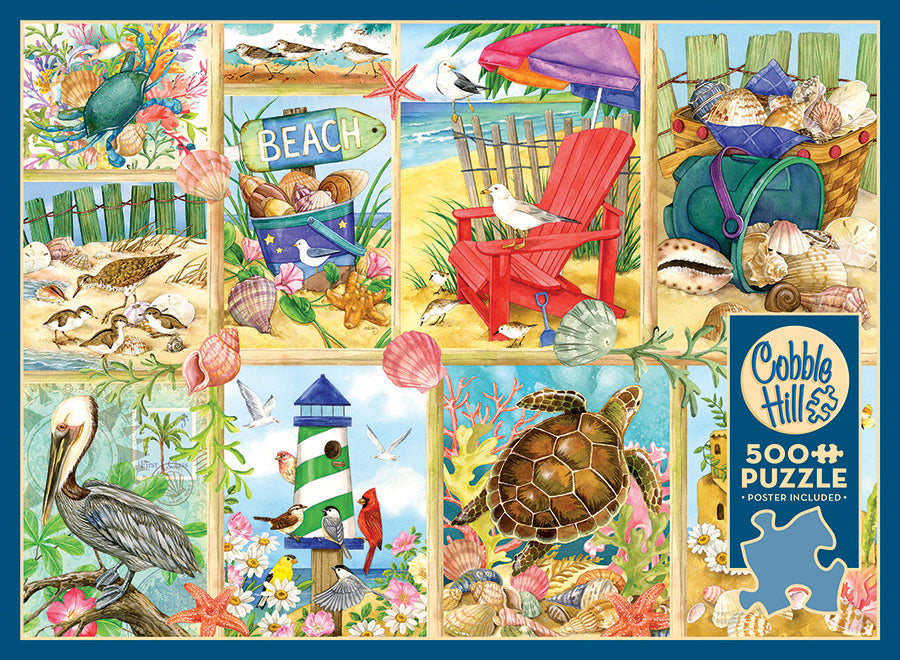 Box, straight on: Beach Days Collage - 500 Piece Jigsaw Puzzle (Cobble Hill)