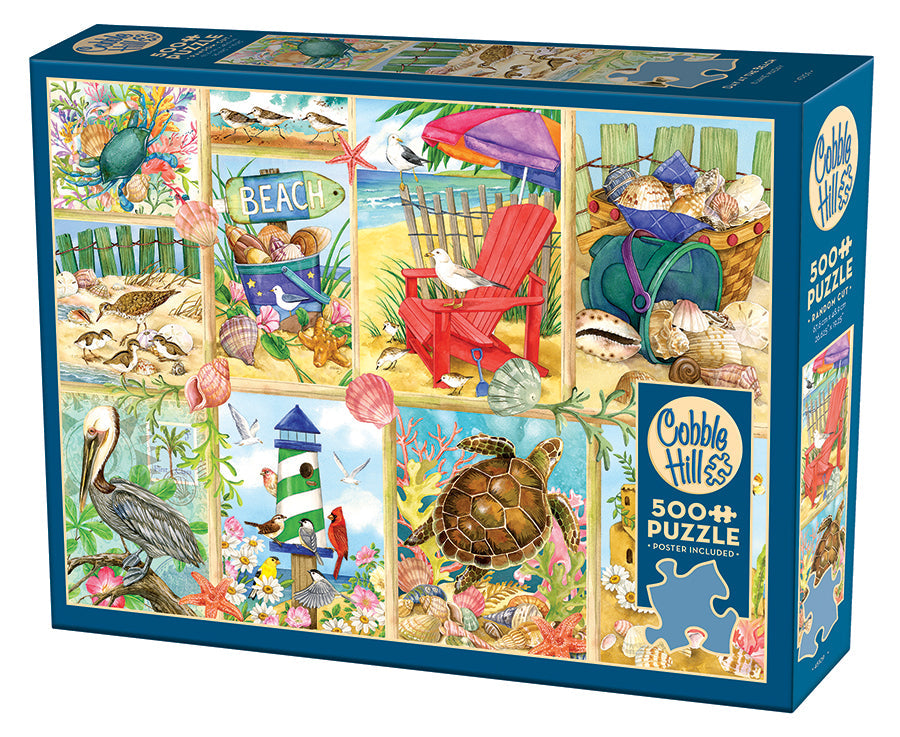 Box, turned left: Beach Days Collage - 500 Piece Jigsaw Puzzle (Cobble Hill)