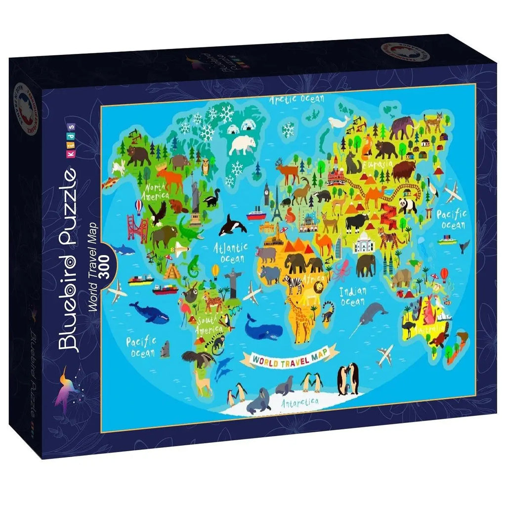 Box, turned right: World Travel Map - 300 Piece Jigsaw Puzzle (Bluebird)