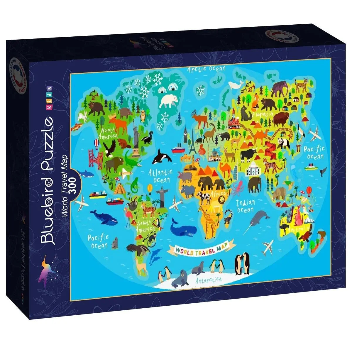 Box, turned right: World Travel Map - 300 Piece Jigsaw Puzzle (Bluebird)