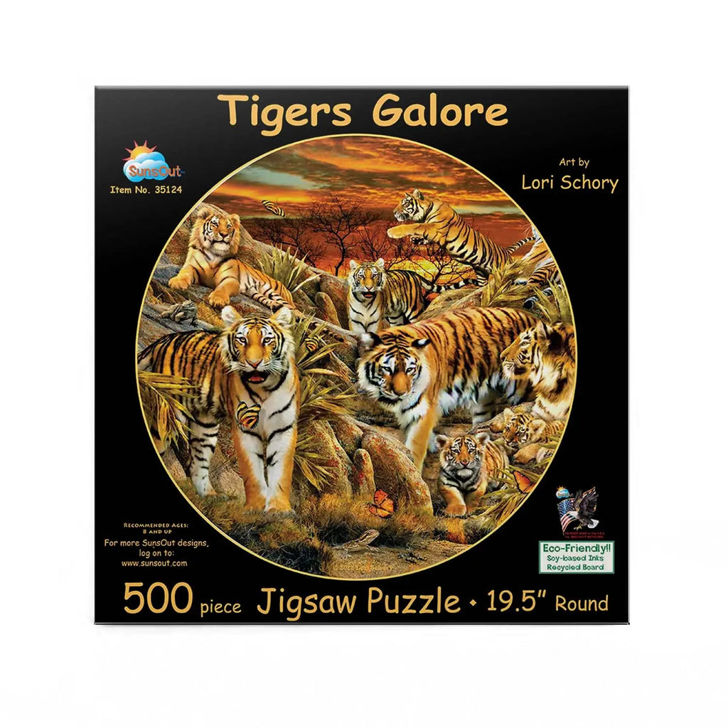 Box, straight on: Pieces - Lori Schory - Tigers Everywhere - 500 XXL Piece Jigsaw Puzzle (Sunsout)