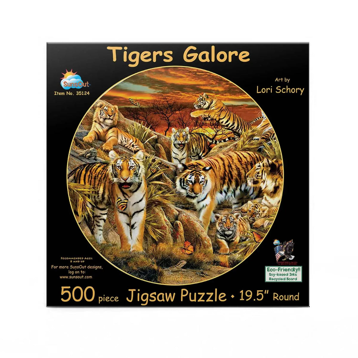 Box, straight on: Pieces - Lori Schory - Tigers Everywhere - 500 XXL Piece Jigsaw Puzzle (Sunsout)