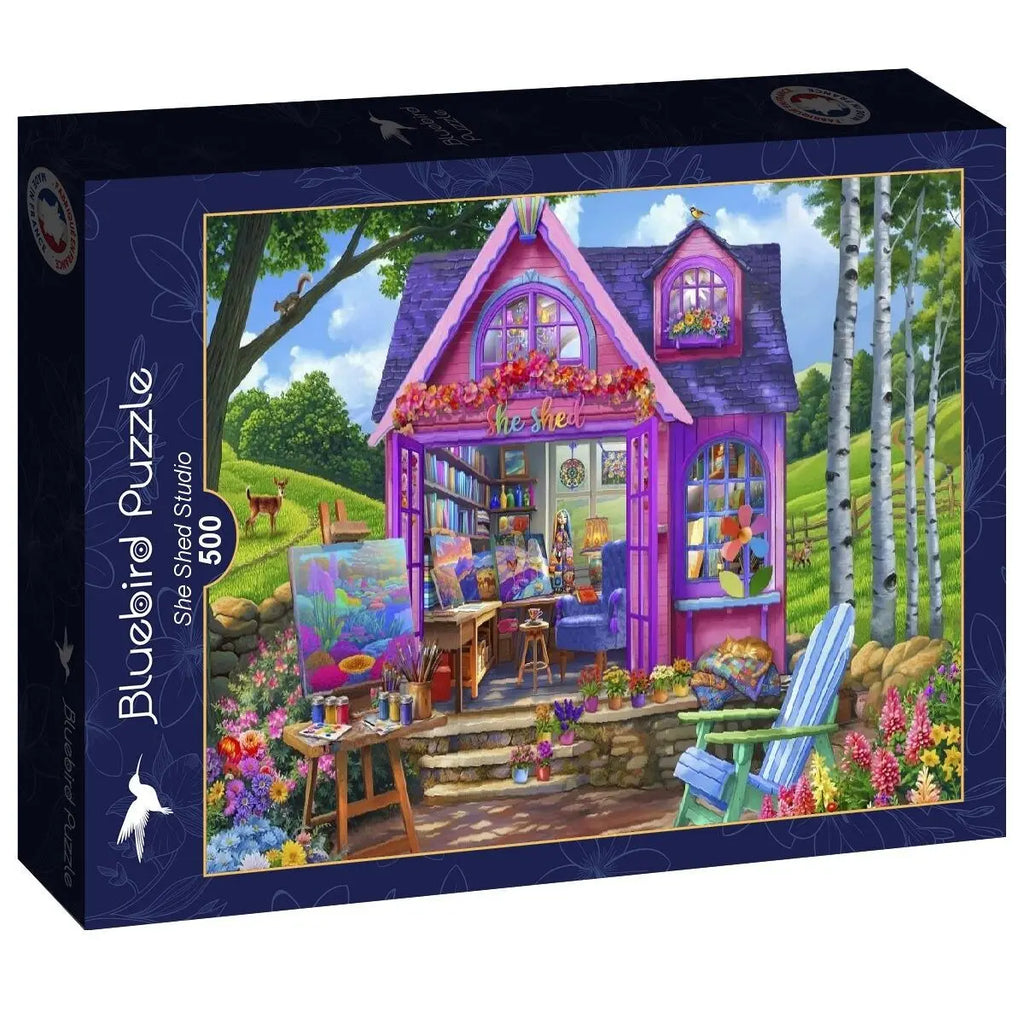 Box, turned right: She Shed Studio - 500 Piece Jigsaw Puzzle (Bluebird)
