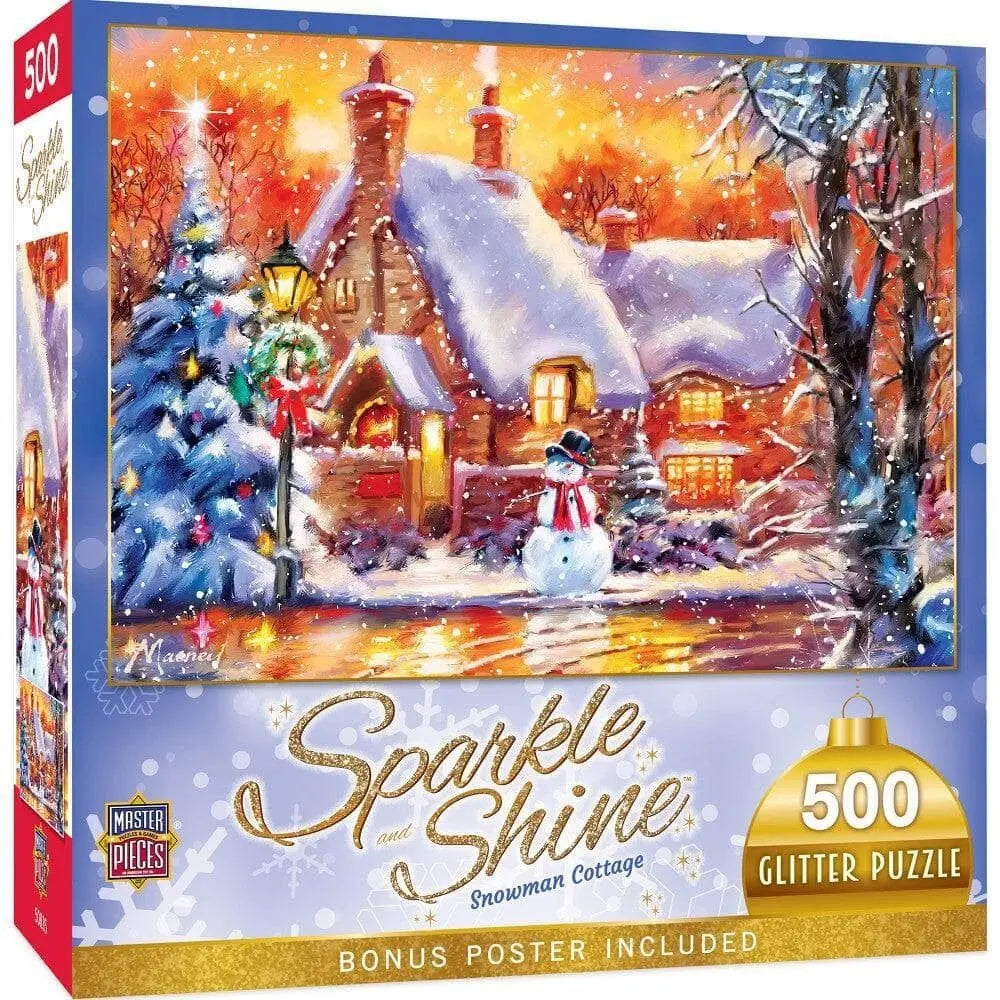 Box, turned left: Holiday - The Snowman's Chalet - Glitter - 500 Piece Jigsaw Puzzle (Master Pieces)