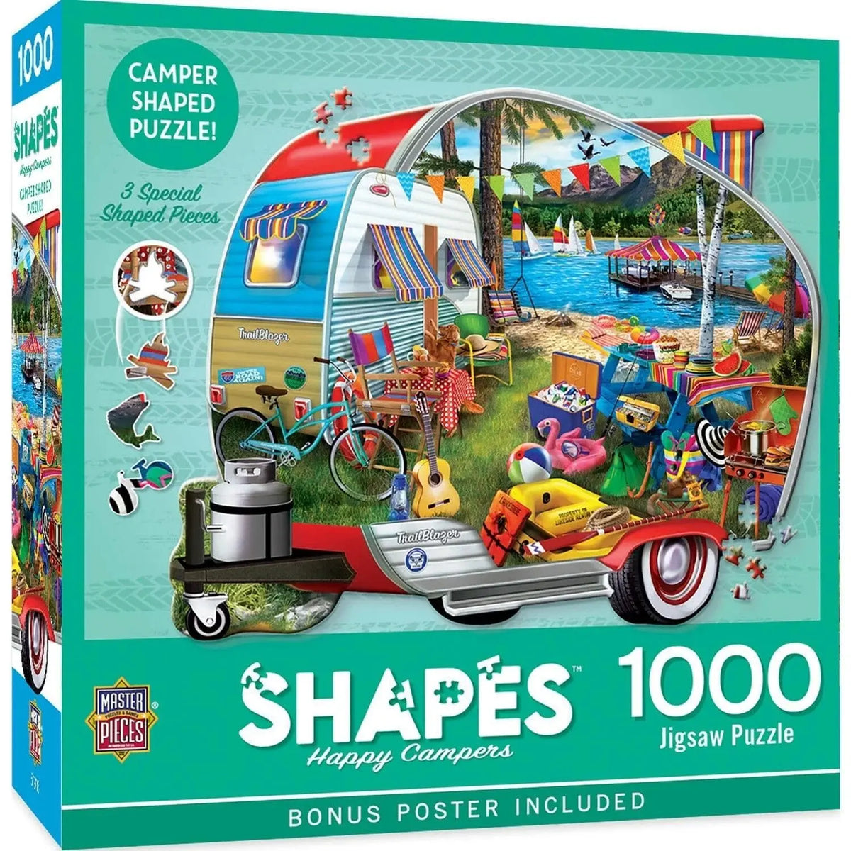 Box, turned right: Happy Campers - Shape - 1000 Piece Jigsaw Puzzle (Master Pieces)